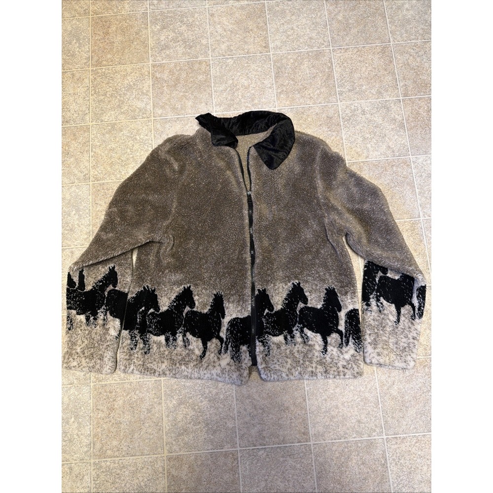 Vtg Horse Print Fleece Jacket Zip Full Gray brown Western Southwestern No Size